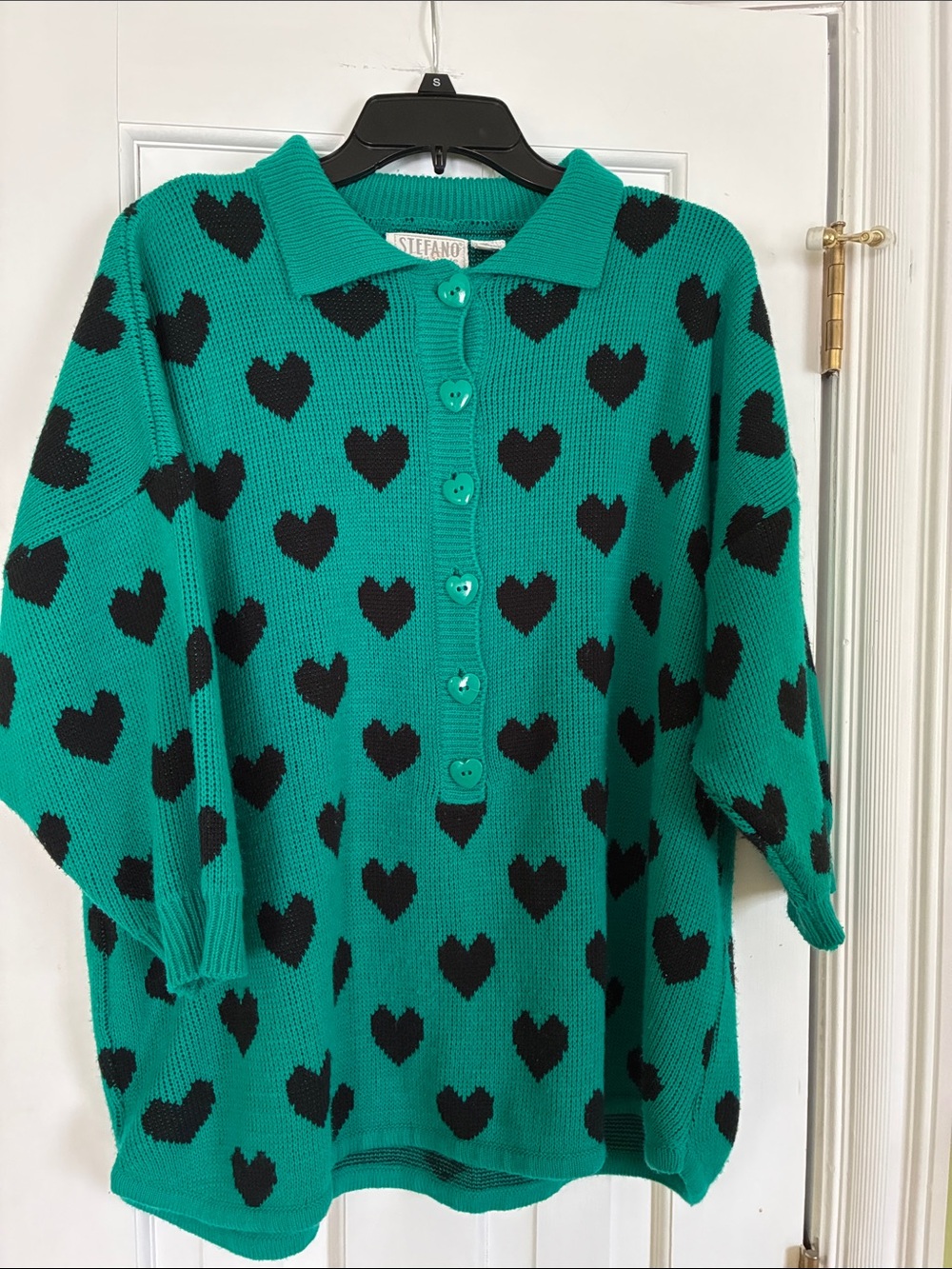 Stefano Green Heart-Print Polo Cardigan Sweater